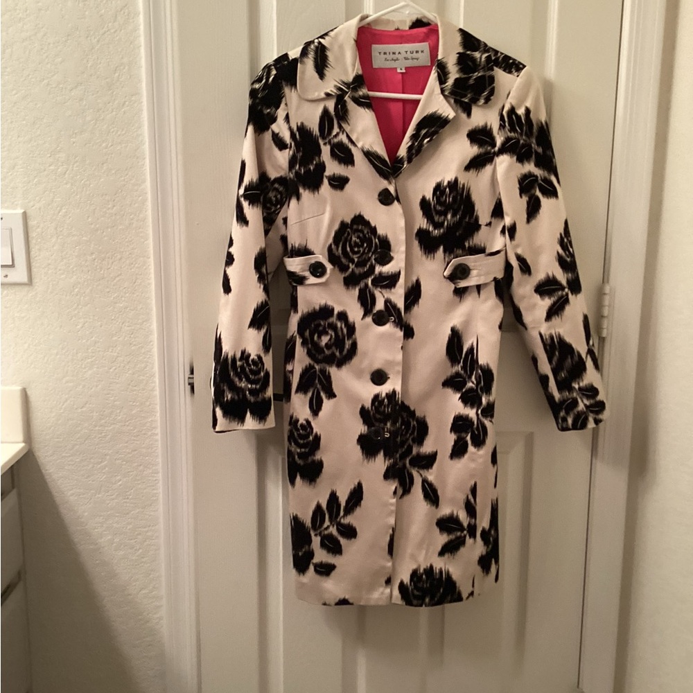 Trina Turk Black and White Floral Trench Coat
